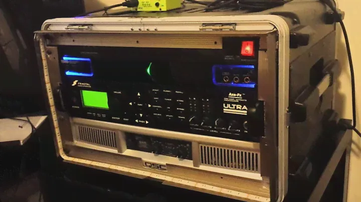 Gear view Axe-FX-Ultra, QSC GX5, Korg Pitchblack-Pro Tuner on Gator 6U Rack with Led Mod